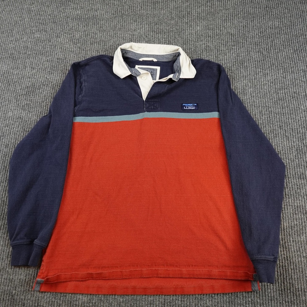 L.L. Bean Rugby Polo Shirt Mens Medium Blue Red Colorblock Long Sleeve Cotton